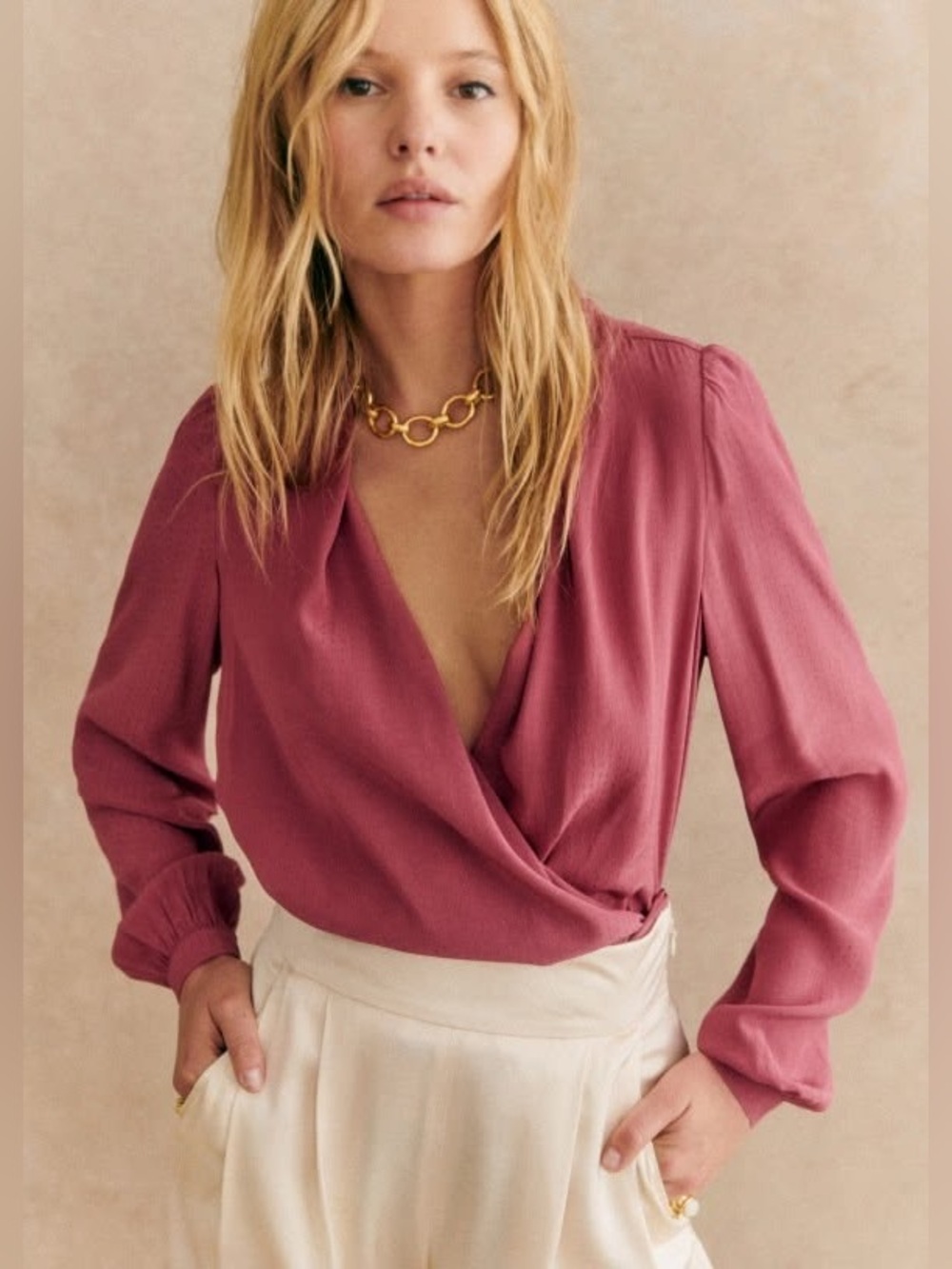 Sezane Abelia V-Neck Wrap Style Long Sleeve Blouse